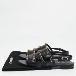 Chanel Black Leather CC Chain Link Slingback Flat Sandals Size 36