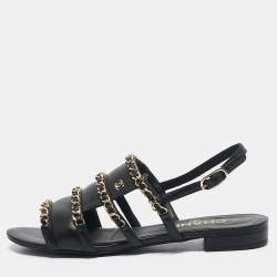 Chanel Black Leather CC Chain Link Slingback Flat Sandals Size 36
