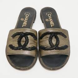 Chanel Black/Gold Suede Beaded CC Flat Slides Size 36