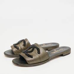 Chanel Black/Gold Suede Beaded CC Flat Slides Size 36