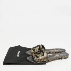 Chanel Black/Gold Suede Beaded CC Flat Slides Size 36