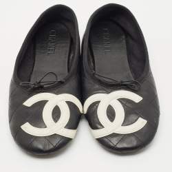Pre Owned Chanel Black Leather Cambon Ballet Flats Size 38