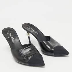 Chanel Black Canvas and Leather CC Peal Heel Mules Size 40