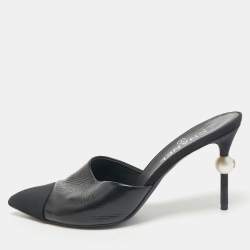Chanel Black Canvas and Leather CC Peal Heel Mules Size 40