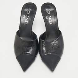 Chanel Black Canvas and Leather CC Peal Heel Mules Size 40