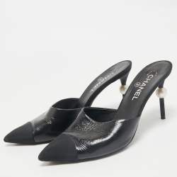 Chanel Black Canvas and Leather CC Peal Heel Mules Size 40