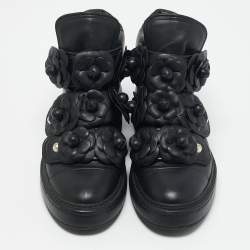 Chanel Black Leather CC Pearl Camelia High Top Sneakers Size 38