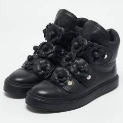 Chanel Black Leather CC Pearl Camelia High Top Sneakers Size 38