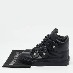 Chanel Black Leather CC Pearl Camelia High Top Sneakers Size 38