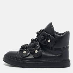 Chanel Black Leather CC Pearl Camelia High Top Sneakers Size 38