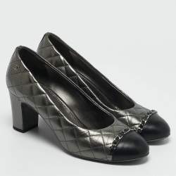 Chanel Metallic/Black Leather Block Heel Pumps Size 38.5