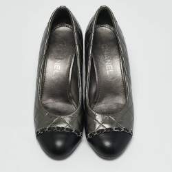 Chanel Metallic/Black Leather Block Heel Pumps Size 38.5