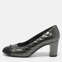 Chanel Metallic/Black Leather Block Heel Pumps Size 38.5