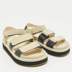 Chanel Black/Off White Leather and Suede Dad Flat Sandals Size 36
