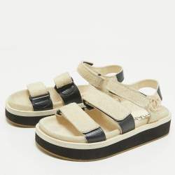 Chanel Black/Off White Leather and Suede Dad Flat Sandals Size 36