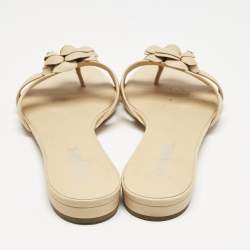Chanel Beige Leather Camellia Flat Slides Size 40