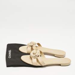 Chanel Beige Leather Camellia Flat Slides Size 40