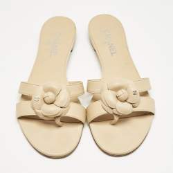 Chanel Beige Leather Camellia Flat Slides Size 40