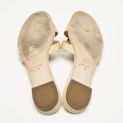 Chanel Beige Leather Camellia Flat Slides Size 40