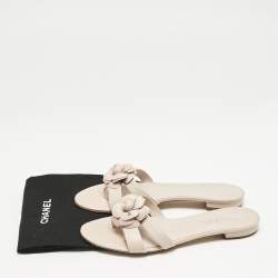 Chanel Beige Quilted Leather CC Camellia Embellished Flat Slides Size 40