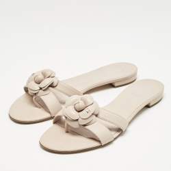 Chanel Beige Quilted Leather CC Camellia Embellished Flat Slides Size 40