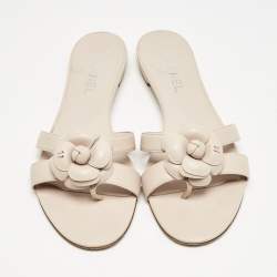 Chanel Beige Quilted Leather CC Camellia Embellished Flat Slides Size 40