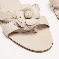 Chanel Beige Quilted Leather CC Camellia Embellished Flat Slides Size 40