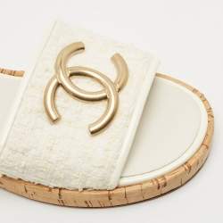 Chanel Off White Tweed and Patent Chain Detail Cork Slide Sandals Size 36.5