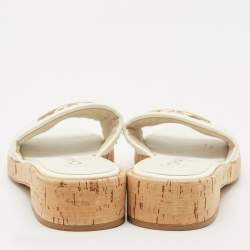Chanel Off White Tweed and Patent Chain Detail Cork Slide Sandals Size 36.5