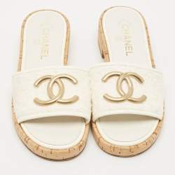 Chanel Off White Tweed and Patent Chain Detail Cork Slide Sandals Size 36.5