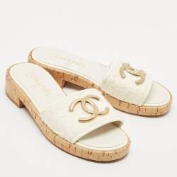 Chanel Off White Tweed and Patent Chain Detail Cork Slide Sandals Size 36.5