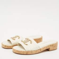 Chanel Off White Tweed and Patent Chain Detail Cork Slide Sandals Size 36.5