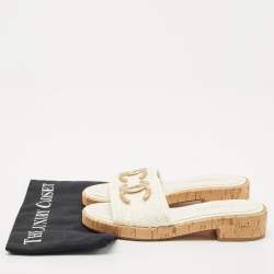 Chanel Off White Tweed and Patent Chain Detail Cork Slide Sandals Size 36.5