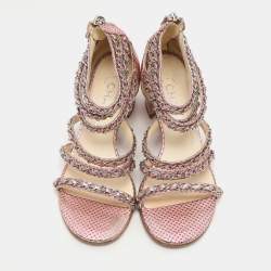 Chanel Pink Dot Print Leather Chain Strappy Sandals Size 36.5