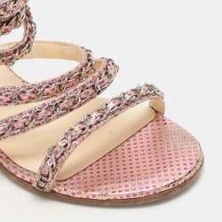 Chanel Pink Dot Print Leather Chain Strappy Sandals Size 36.5