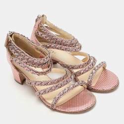 Chanel Pink Dot Print Leather Chain Strappy Sandals Size 36.5