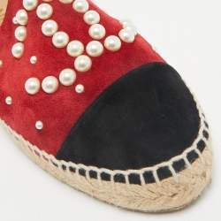 Chanel Red/Black Suede Faux Pearl CC Cap Toe Espadrille Flats Size 36