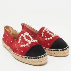 Chanel Red/Black Suede Faux Pearl CC Cap Toe Espadrille Flats Size 36