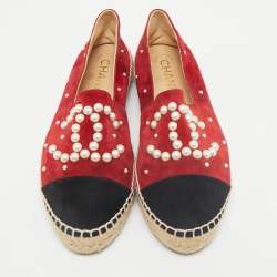 Chanel Red/Black Suede Faux Pearl CC Cap Toe Espadrille Flats Size 36