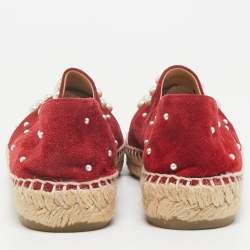 Chanel Red/Black Suede Faux Pearl CC Cap Toe Espadrille Flats Size 36