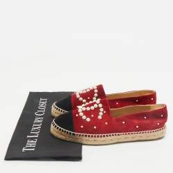 Chanel Red/Black Suede Faux Pearl CC Cap Toe Espadrille Flats Size 36
