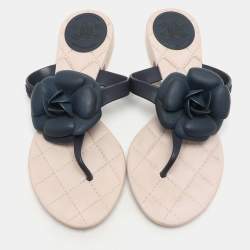 Chanel Navy Blue/Beige Rubber Camellia Thong Flats Size 37