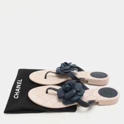 Chanel Navy Blue/Beige Rubber Camellia Thong Flats Size 37