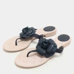 Chanel Navy Blue/Beige Rubber Camellia Thong Flats Size 37