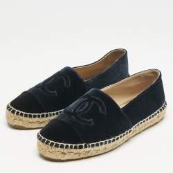 Chanel Navy Blue/Black Velvet CC Cap Toe Espadrille Flats Size 37