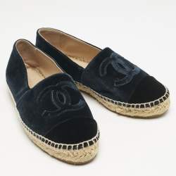 Chanel Navy Blue/Black Velvet CC Cap Toe Espadrille Flats Size 37