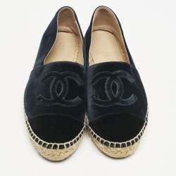Chanel Navy Blue/Black Velvet CC Cap Toe Espadrille Flats Size 37