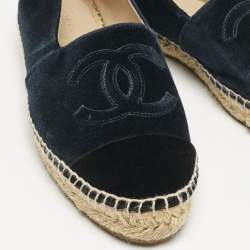 Chanel Navy Blue/Black Velvet CC Cap Toe Espadrille Flats Size 37