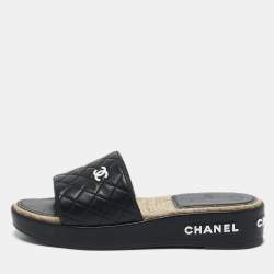 Chanel Black Quilted Leather CC Espadrille Platform Slide Sandals Size 40