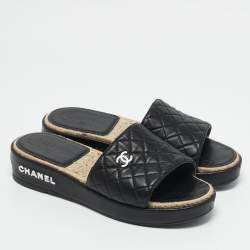 Chanel Black Quilted Leather CC Espadrille Platform Slide Sandals Size 40